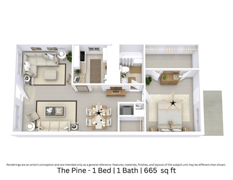 A 3D floor plan of a 1-bedroom, 1-bathroom apartment highlighting spatial flow, furniture layout, and room arrangement. About 665 square feet.
